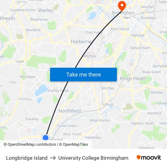 Longbridge Island to University College Birmingham map