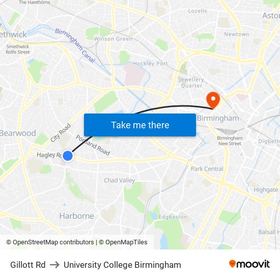 Gillott Rd to University College Birmingham map