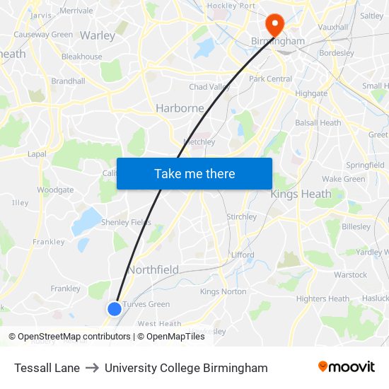 Tessall Lane to University College Birmingham map