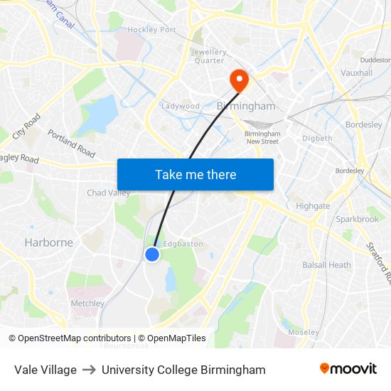 Vale Village to University College Birmingham map