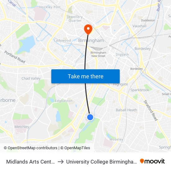 Midlands Arts Centre to University College Birmingham map