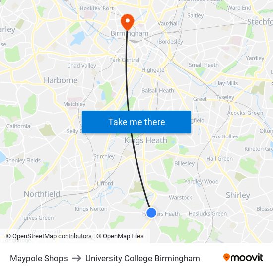 Maypole Shops to University College Birmingham map