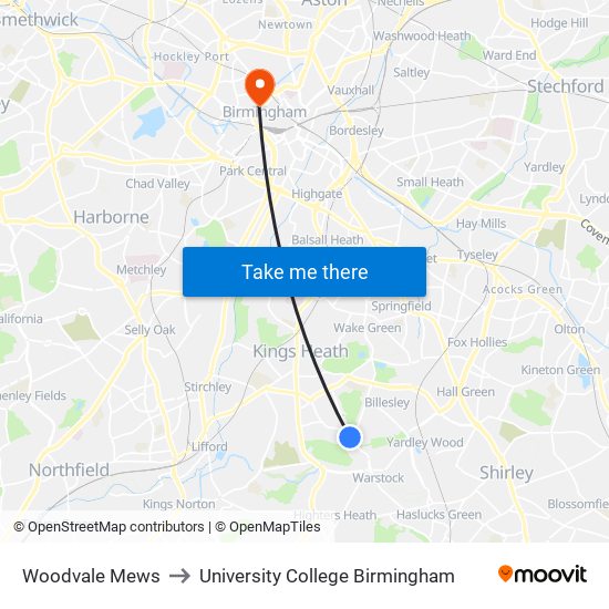 Woodvale Mews to University College Birmingham map