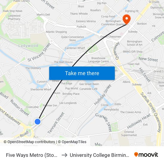 Five Ways Metro (Stop Fc) to University College Birmingham map