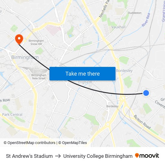 St Andrew's Stadium to University College Birmingham map