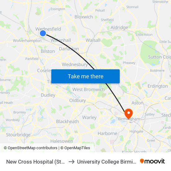 New Cross Hospital (Stop N5) to University College Birmingham map