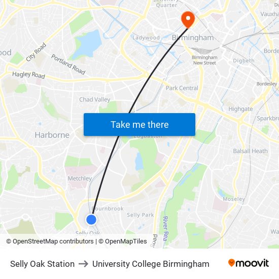 Selly Oak Station to University College Birmingham map