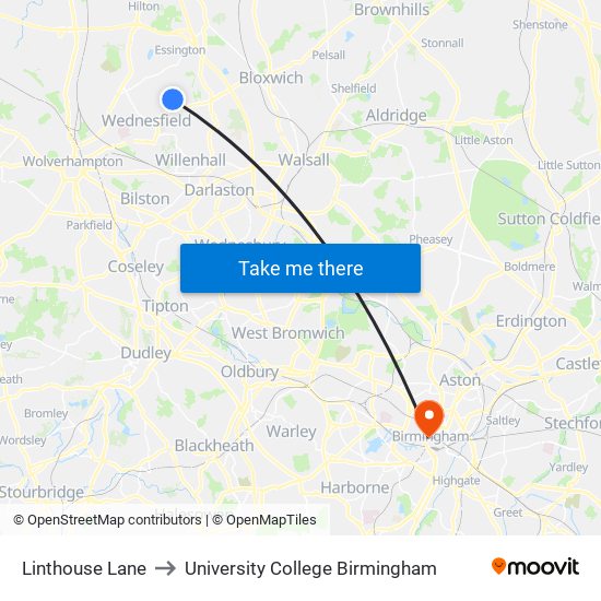 Linthouse Lane to University College Birmingham map