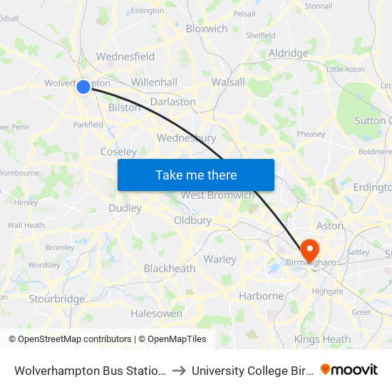 Wolverhampton Bus Station (Stand C) to University College Birmingham map