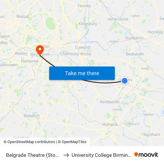 Belgrade Theatre (Stop Ul5) to University College Birmingham map
