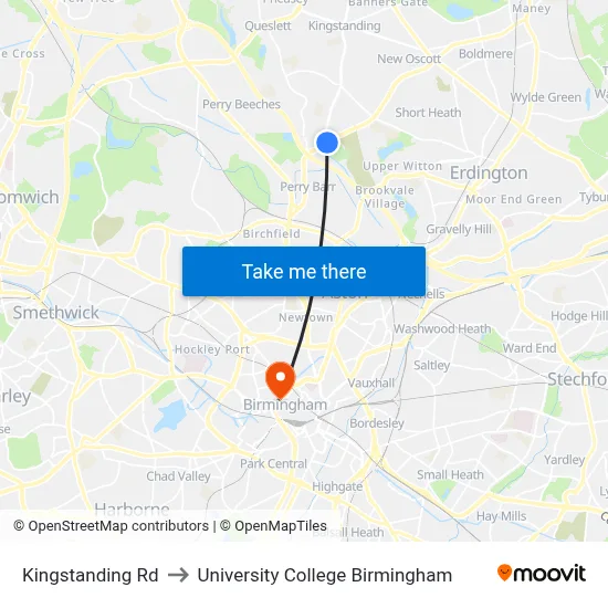 Kingstanding Rd to University College Birmingham map