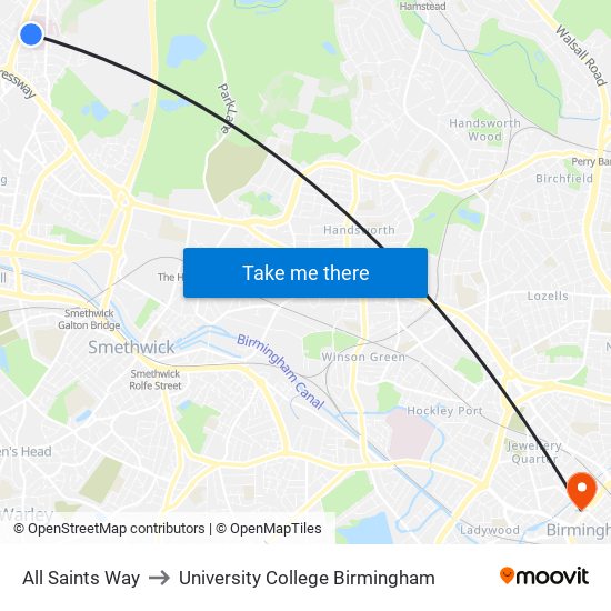 All Saints Way to University College Birmingham map