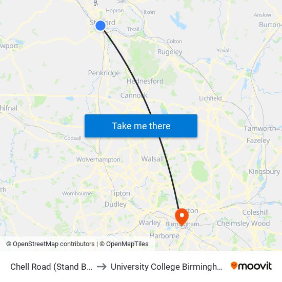 Chell Road (Stand B4) to University College Birmingham map