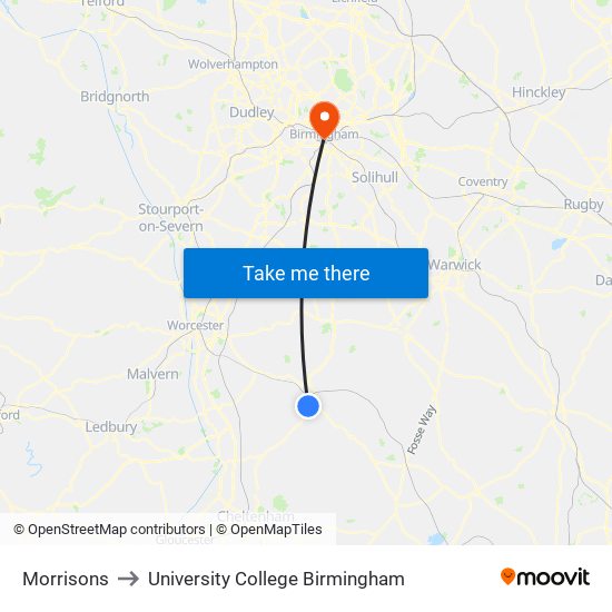 Morrisons to University College Birmingham map