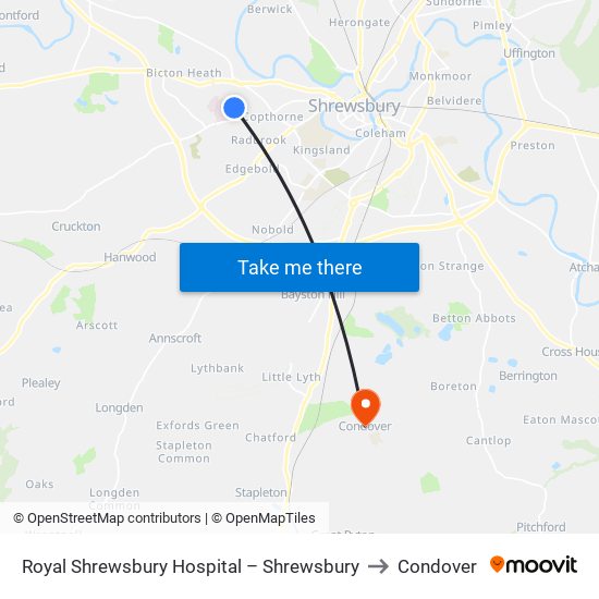 Royal Shrewsbury Hospital – Shrewsbury to Condover map