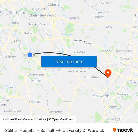 Solihull Hospital – Solihull to University Of Warwick map