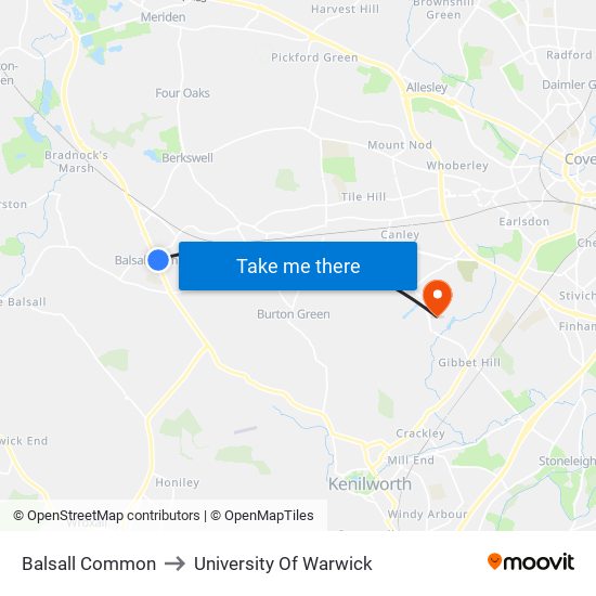 Balsall Common to University Of Warwick map