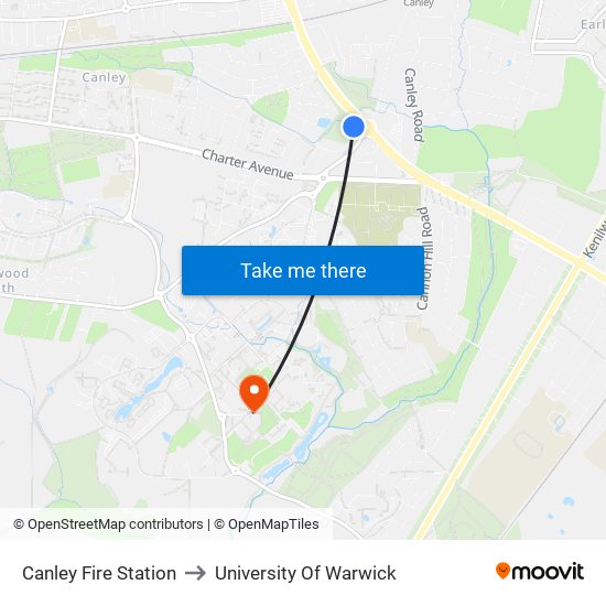 Canley Fire Station to University Of Warwick map