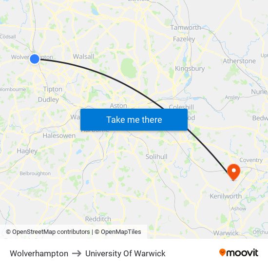 Wolverhampton to University Of Warwick map