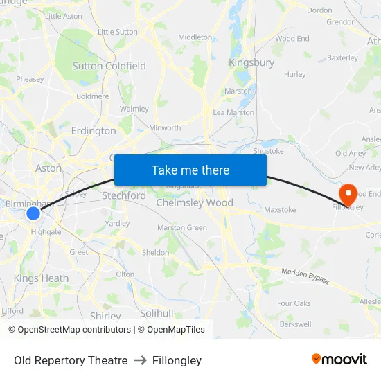 Old Repertory Theatre to Fillongley map