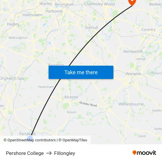Pershore College to Fillongley map
