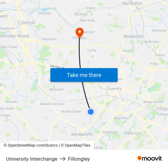University Interchange to Fillongley map