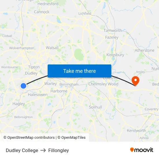 Dudley College to Fillongley map