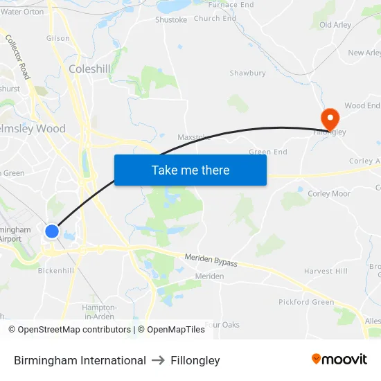 Birmingham International to Fillongley map