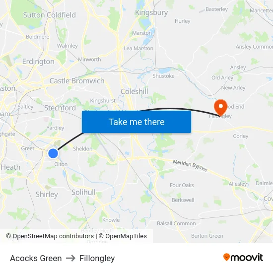 Acocks Green to Fillongley map