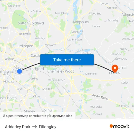 Adderley Park to Fillongley map