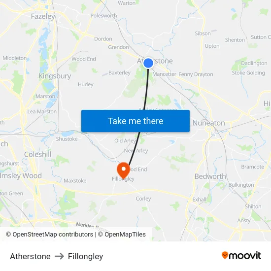 Atherstone to Fillongley map