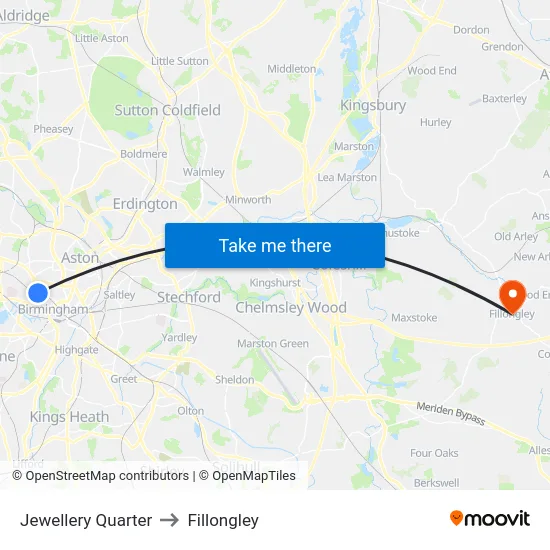 Jewellery Quarter to Fillongley map