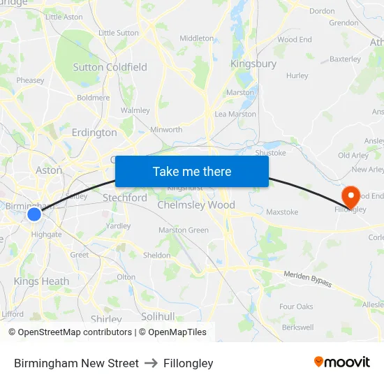 Birmingham New Street to Fillongley map