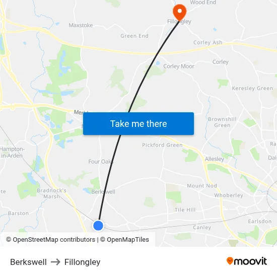 Berkswell to Fillongley map