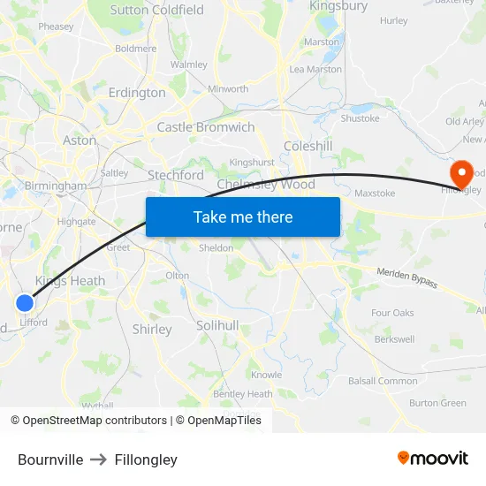Bournville to Fillongley map