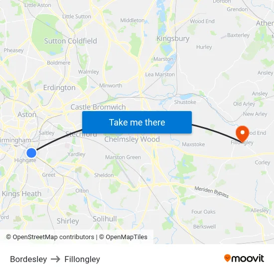 Bordesley to Fillongley map