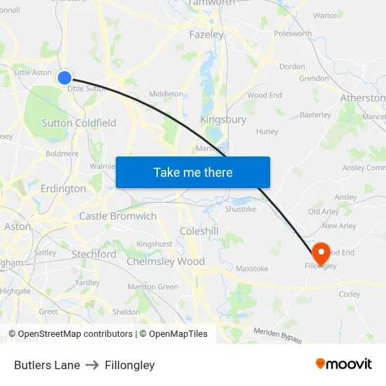 Butlers Lane to Fillongley map