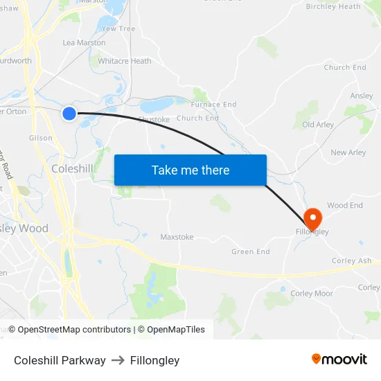 Coleshill Parkway to Fillongley map