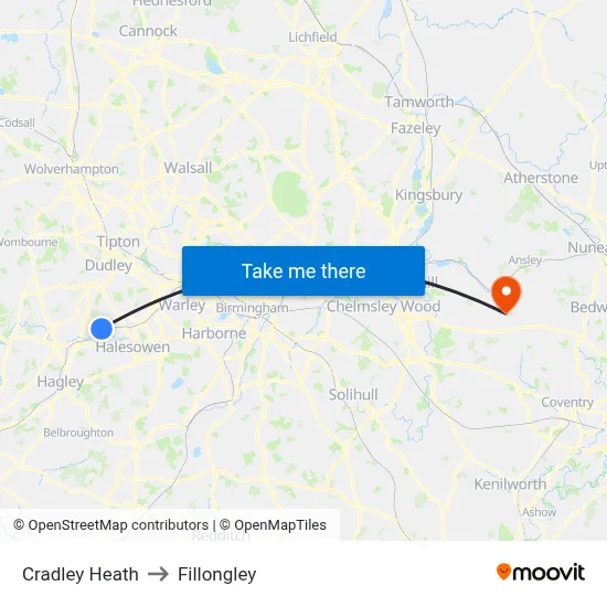 Cradley Heath to Fillongley map