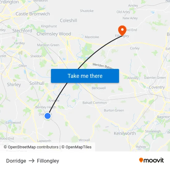Dorridge to Fillongley map