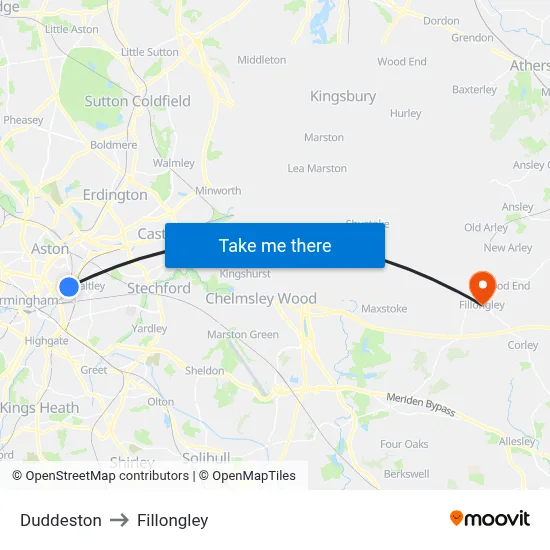 Duddeston to Fillongley map