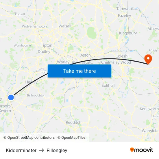 Kidderminster to Fillongley map