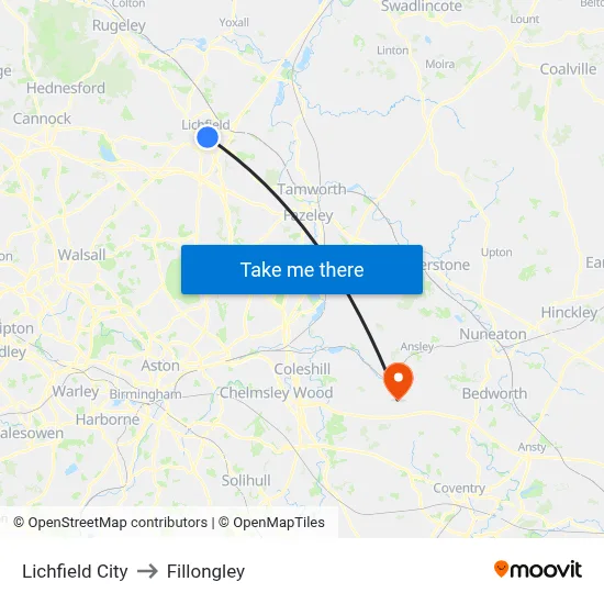 Lichfield City to Fillongley map