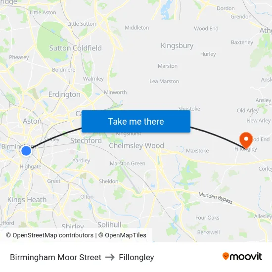 Birmingham Moor Street to Fillongley map