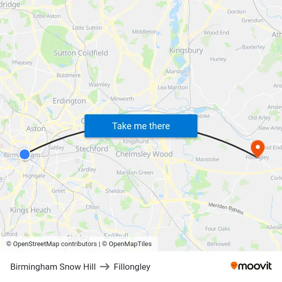 Birmingham Snow Hill to Fillongley map