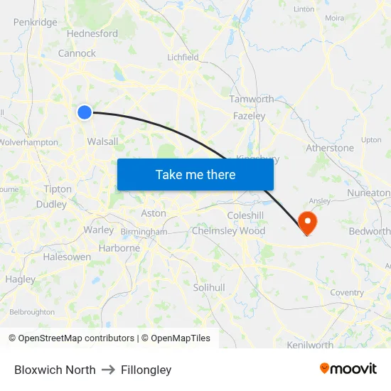 Bloxwich North to Fillongley map