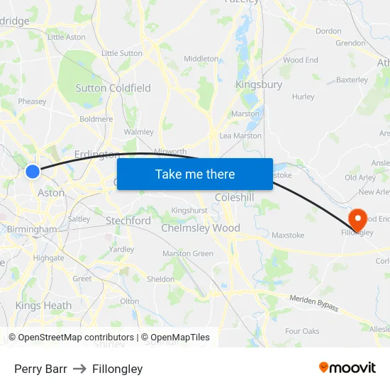 Perry Barr to Fillongley map