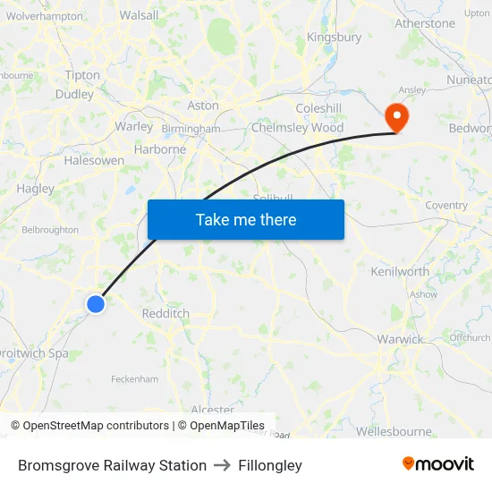 Bromsgrove Railway Station to Fillongley map