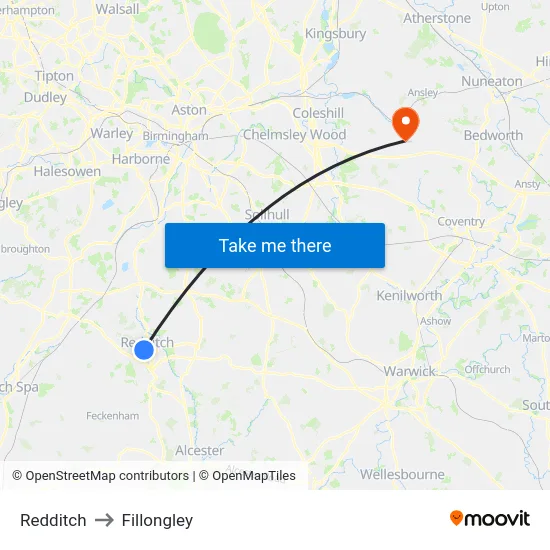 Redditch to Fillongley map