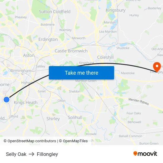 Selly Oak to Fillongley map